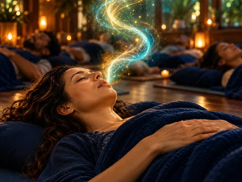 Mulher deitada e coberta, expirando uma espiral de luz turquesa