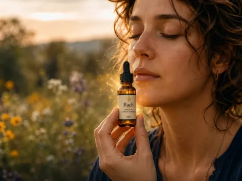 Mulher com um frasco de floral junto ao rosto
