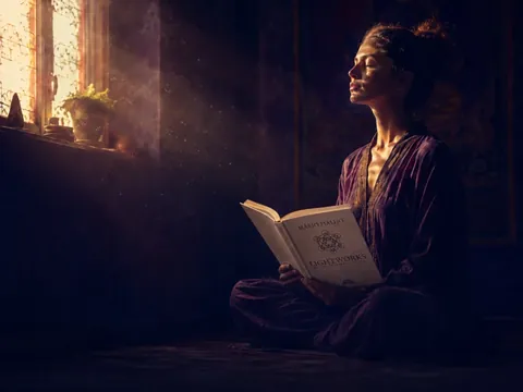 Mulher com um livro aberto, iluminada pela luz da janela