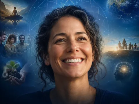 Mulher sorrindo diante de um céu com mandala