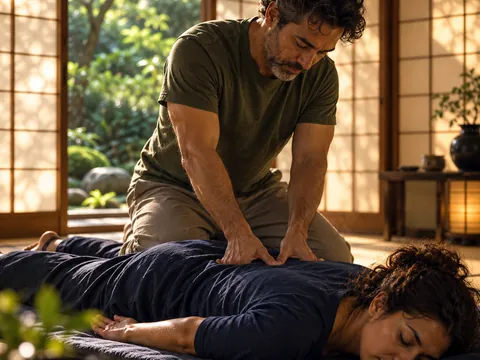 Terapeuta pressionando com as mãos as costas de uma pessoa deitada no tatame