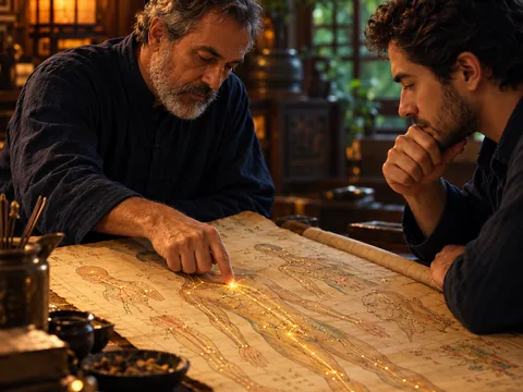 Professor e aluno estudando um mapa antigo de meridianos